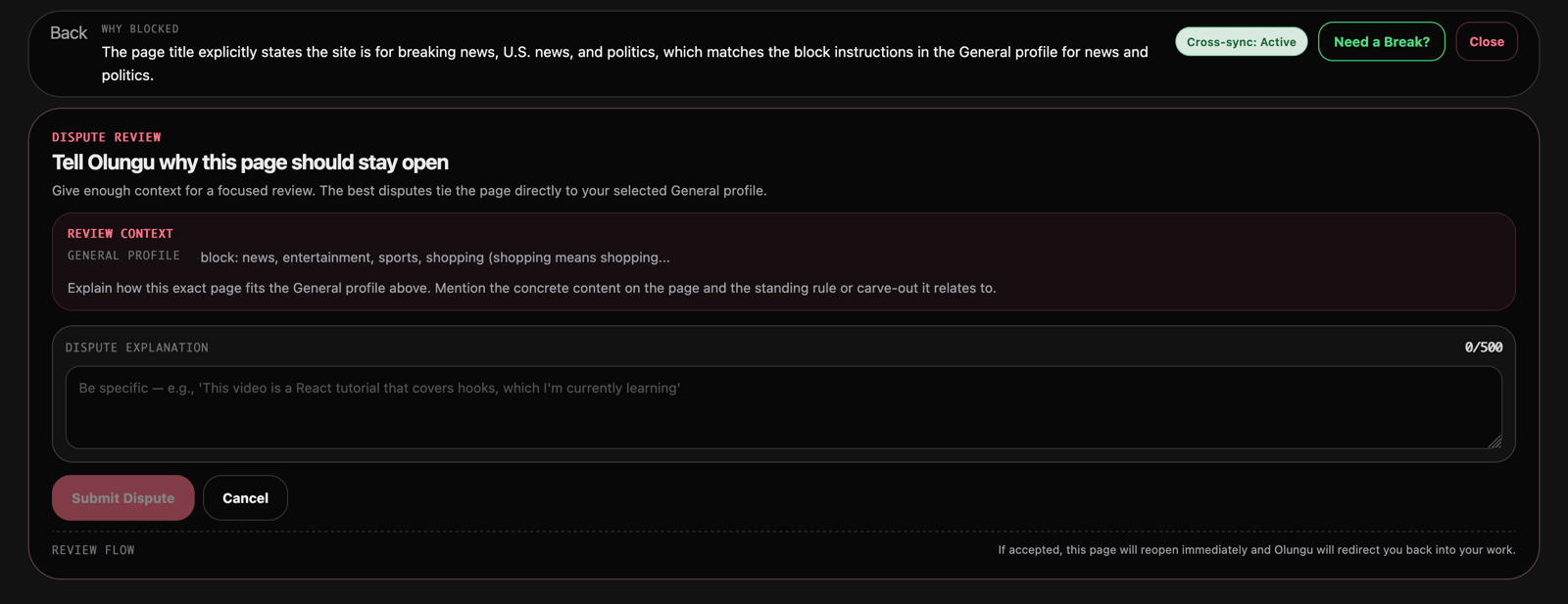 Olungu extension block screen showing a Gateway List evaluation for a YouTube video URL, with the task context panel visible alongside the classification verdict